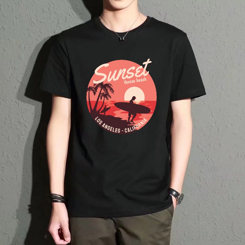 Street Fashion Venice - Men's Black Round-Neck Short-Sleeved T-Shirt with