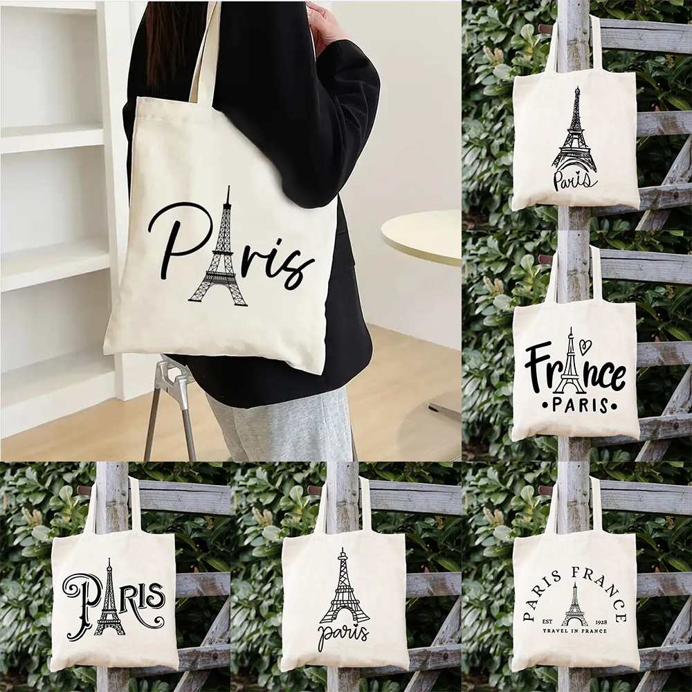 Tote Bag Canvas Print - Women's Paris Eiffel Tower Printed Tote