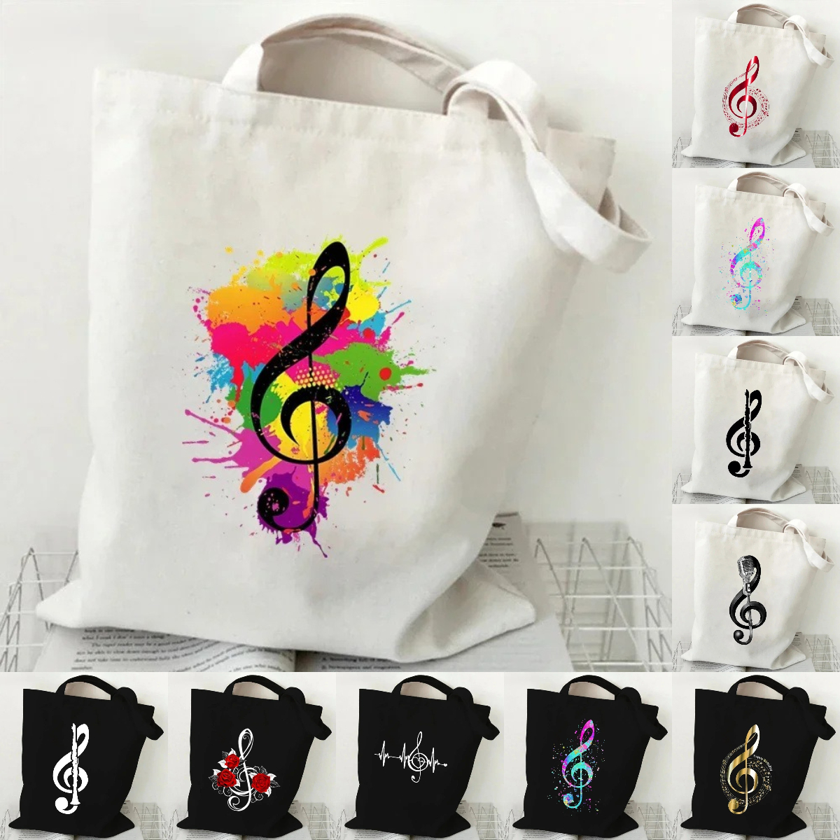 Tote Bag Canvas Print - Music Note Heartbeat Printed Canvas Bag