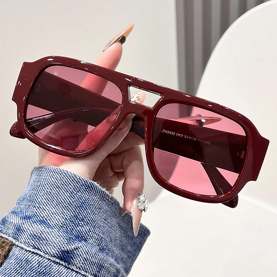 Street Fashion Photoshoot - Wine Red Double Bridge Square Sunglasses